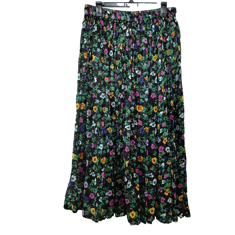 Vtg First Class Floral Broomstick Skirt Crinkle Maxi Made in India Women's L/XL